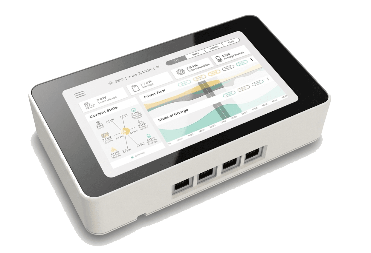 ShiftAI Energy Management Controller — touchscreen device that monitors solar production, battery storage, and Ontario electricity rates in real time